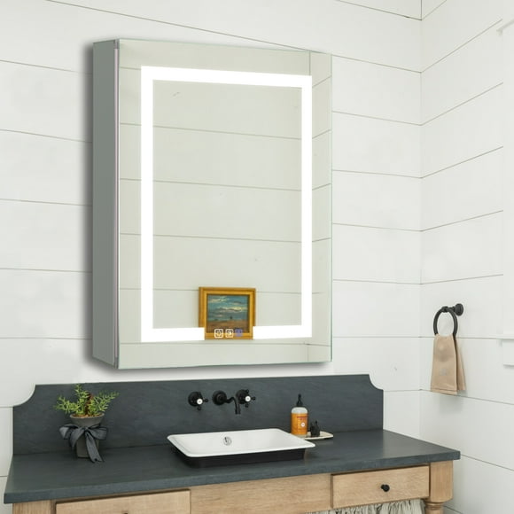 24 x 30 InchFront Lighted Vanity Mirror,Recessed or Surface Mount Frameless Medicine Cabinet with 3 Adjustable Shelves and LED Lighting and Electrical Outlet