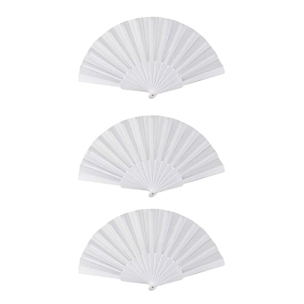 3X Ventilador de Mano Plegable de Plastico Y Tela para Senoras Y Hombres Blanco