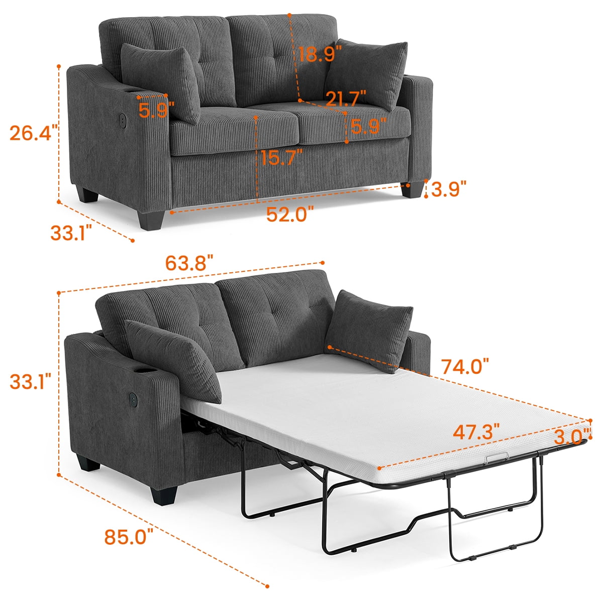 CHIC HOUSE Full Corduroy Pull Out Sofa Bed, Sleeper Sofa with Memory Foam Mattress & USB Charging, Convertible Loveseat Couch for Living Room, Small Spaces, Deep Gray