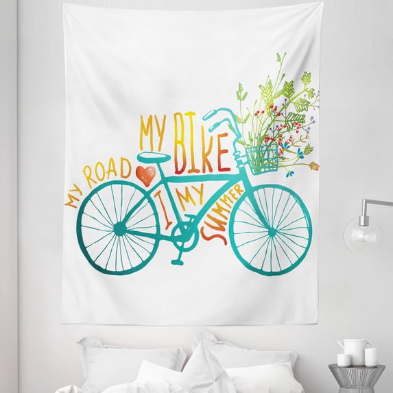 Summer Tapestry, Vintage Summer Bike a Floral Bouquet Vehicle for Transport Illustration, Fabric Wall Hanging Decor for Bedroom Living Room Dorm, 5 Sizes, Turquoise Yellow, by Ambesonne