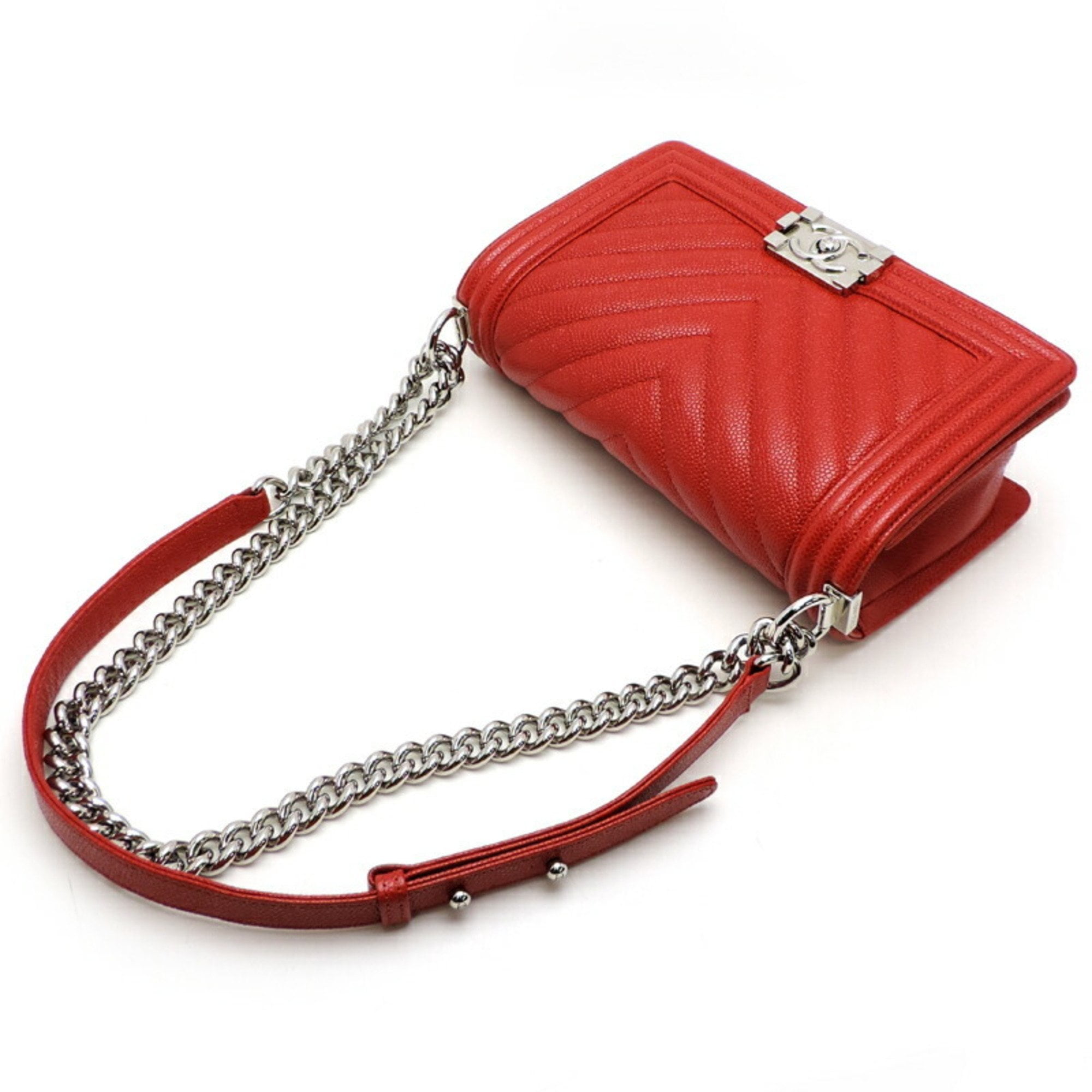 Authenticated Used Chanel Boy V Stitch Chain Shoulder Women's Bag A67086  Caviar Skin Red 