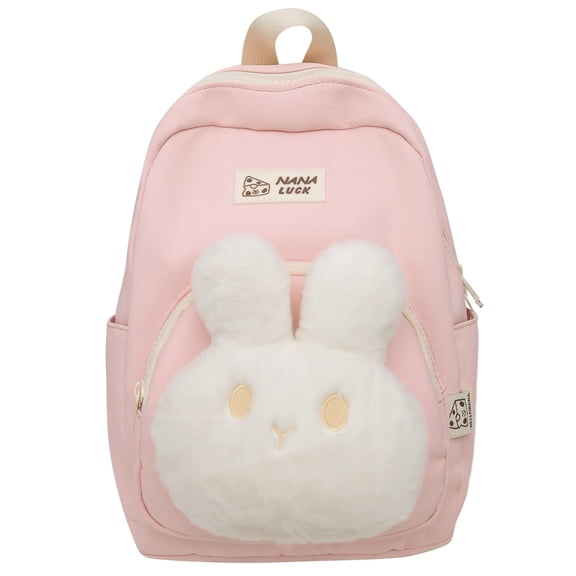 Cute Fluffy Rabbit Backpack Small Bunny Pink Bookbag, Lightweight Casual Nylon Casual Daypack Purse Travel Bag