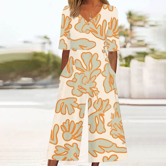 TaTaai Womens One Piece Jumpsuit Short Sleeve V Neck Back Zip Side Pocket Tropical Print Solid Soft Flowy Casual Pants for Summer Gift