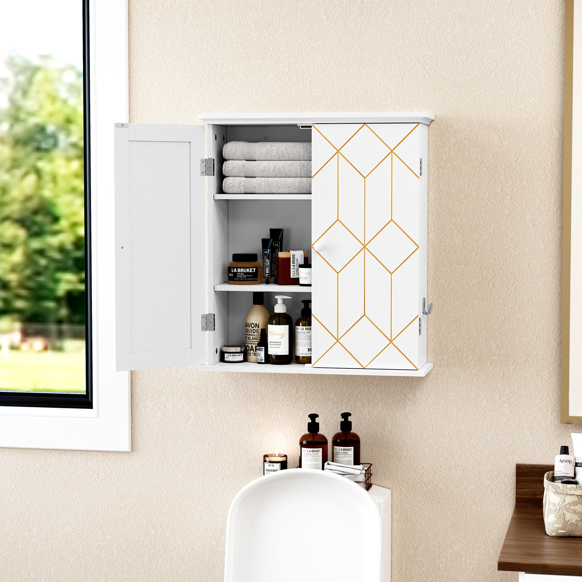 HLR Wall-Mounted Bathroom Storage Cabinet with Gold Trim, Bathroom Cabinet with Adjustable Shelves
