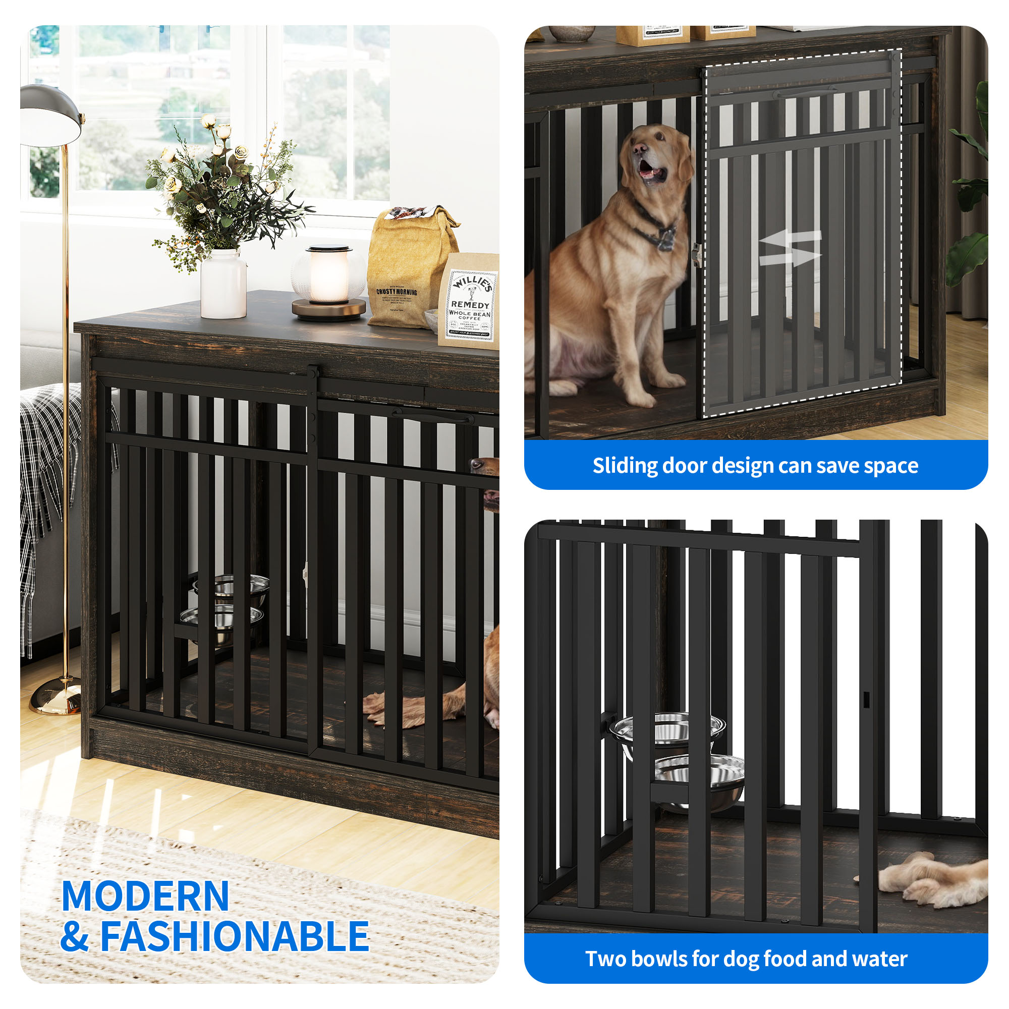 Dextrus 55" Extra Large Dog Crate Kennel Furniture with 2 Dog Bowl, Sliding Doors for Large Medium Dogs, Heavy Duty Wood TV Stand Dog Cage Table - Black Oak