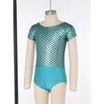 thumbnail image 4 of YiZYiF Kids Girls Shiny Metallic Fish Scale Print Ballet Dance Leotard Short Sleeve Cutout Back Gymnastics Unitard Turquoise 5T, 4 of 7