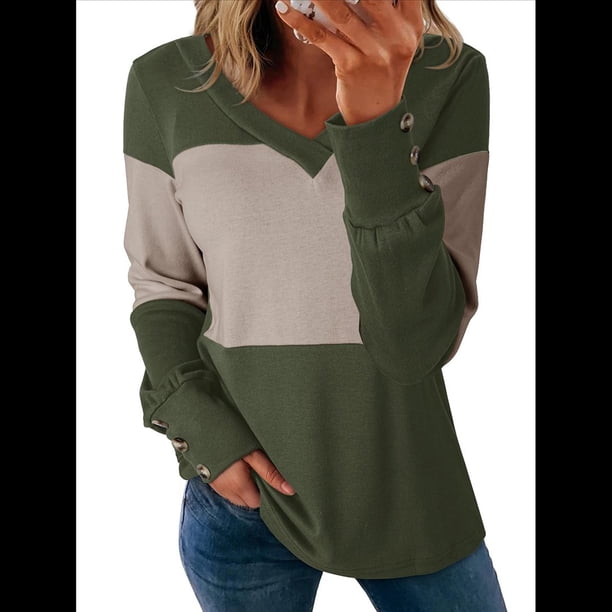 Blusas Elegantes e Informales para Mujer, con Bloques de Color, de Larga y Cuello en V, para Otoño. Verde L