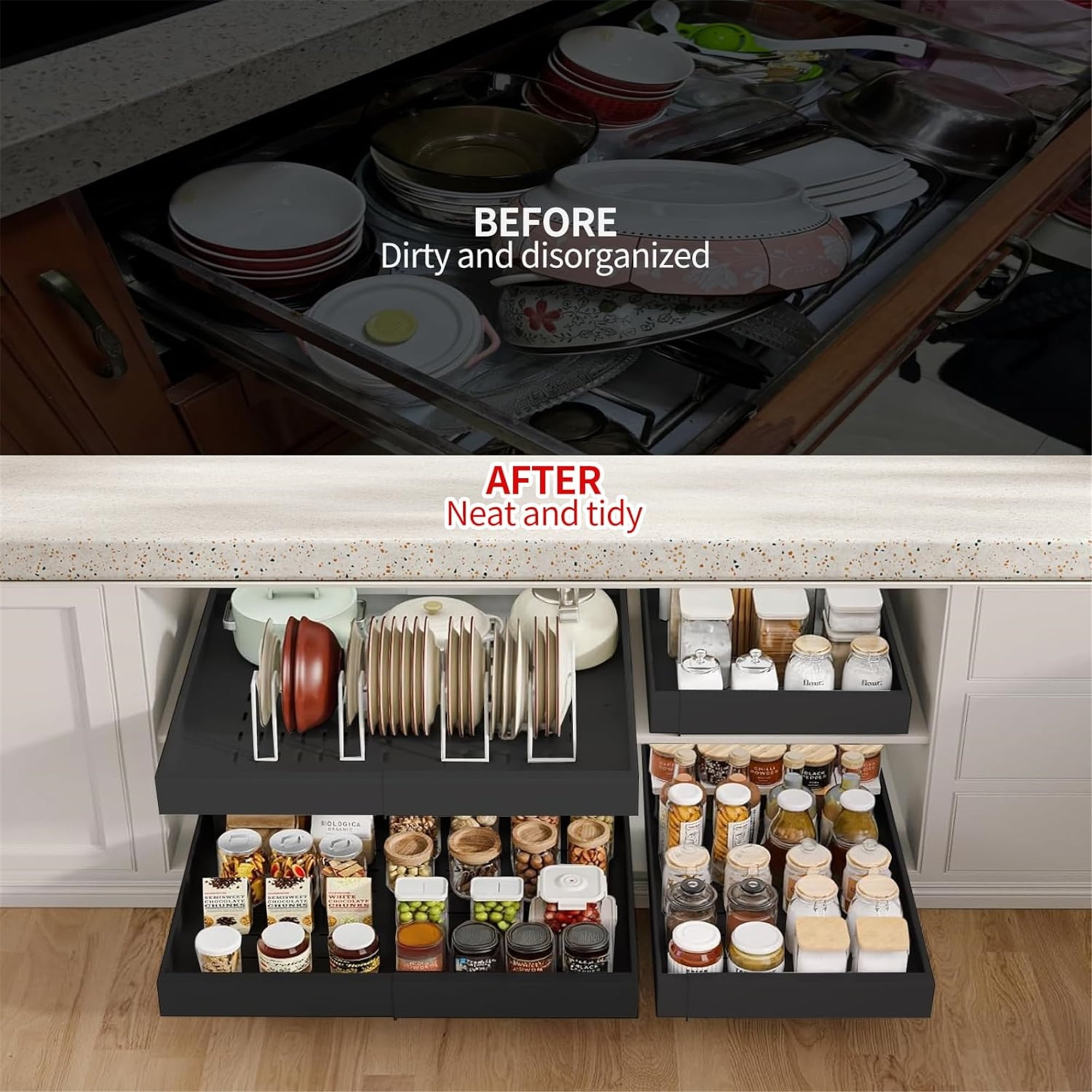 Pull out Cabinet Organizer, Expandable(12.6"-20.5") Pull Out Drawers for Cabinets with Adhesive Nano Film for Pots, Roll out Shelf Storage for Kitchen Base Cabinet Organization,Black