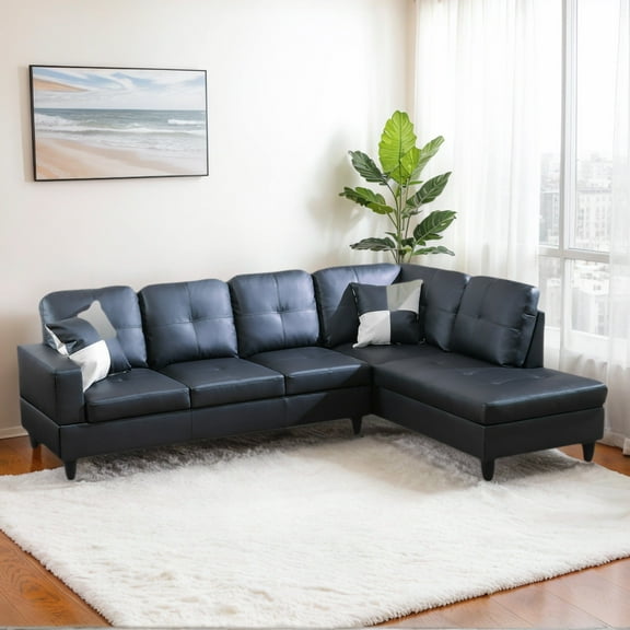 Hommoo 2-Piece Faux Leather Sofa Set, Living Room Furniture Set, L-Shaped Sectional Sofa Couches for Living Room, Black