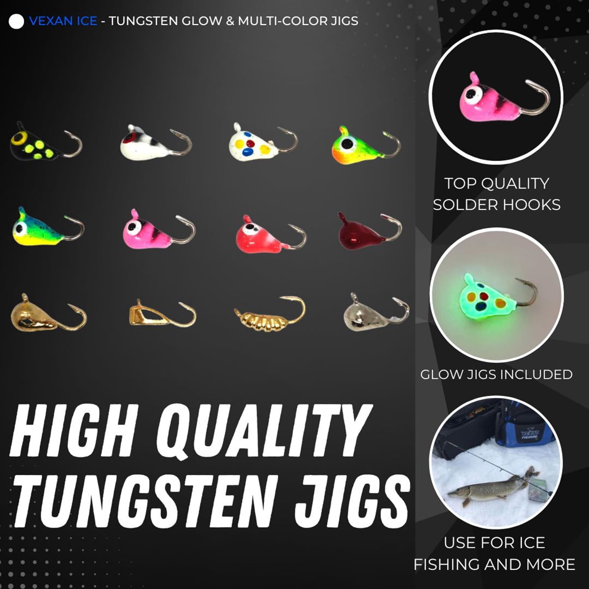 Vexan 12-Pack Tungsten Ice Fishing Jigs Glow & Multi-Color (1.1g, 4mm, #14 Hook)