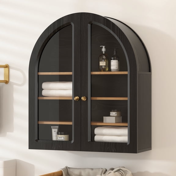 Joyyskill Arched Bathroom Wall Cabinet Modern Wooden Medicine Cabinet with Acrylic Doors Farmhouse Wall Mounted Cupboard Storage Cabinet, Black Oak