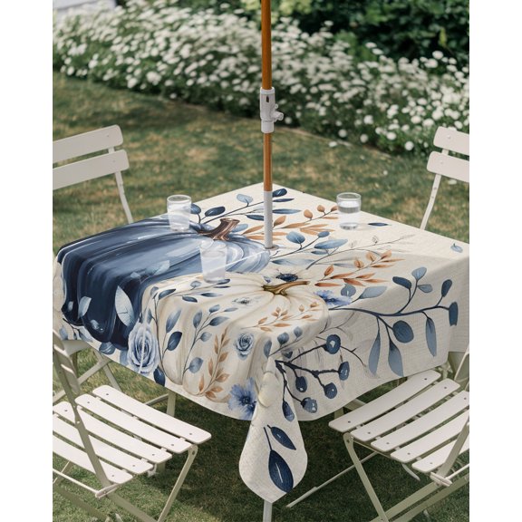 Outdoor Tablecloth with Umbrella Hole, Thanksgiving White Blue Pumpkin Zippered Table Cloth for Rectangle Tables, Fall Flower Leaves Burlap Washable Waterproof Tablecloths for Picnic Patio Garden