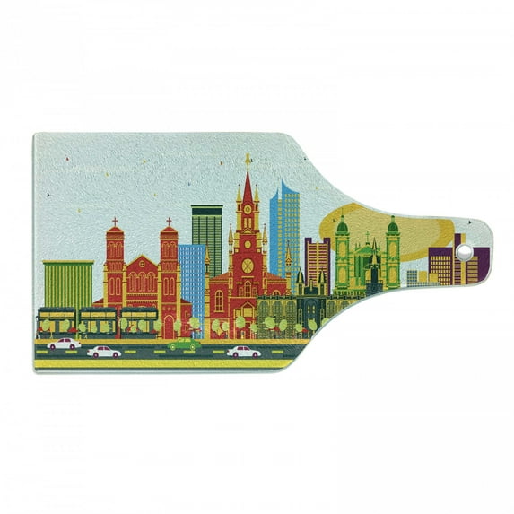 Travel Cutting Board, Graphic Image of Medellin Colombia City with Modern Buildings and Cars on Roads, Decorative Tempered Glass Cutting and Serving Board, in 3 Sizes, by Ambesonne