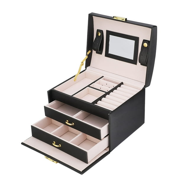 Estuche de almacenamiento de joyería de cuero PU de 3 niveles, organizador de caja expositora con espejo (negro)