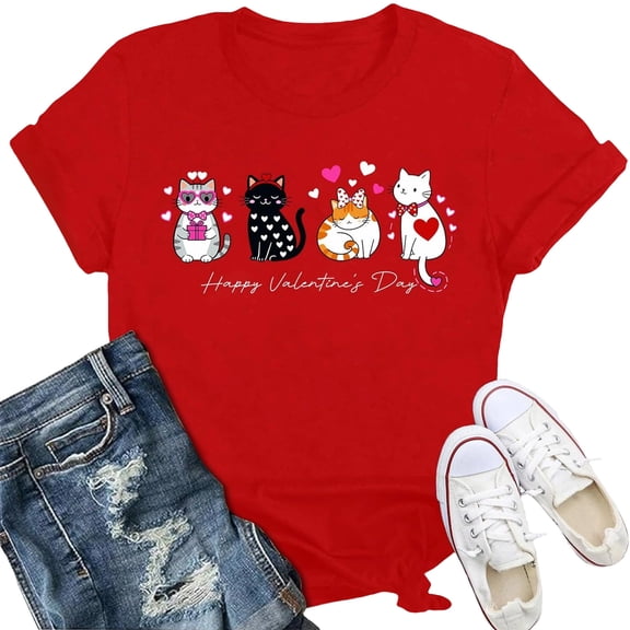 Cute Cat Print T Shirts for Women Short Sleeve Crewneck Y2K Top Summer Casual Loose Basic Tee