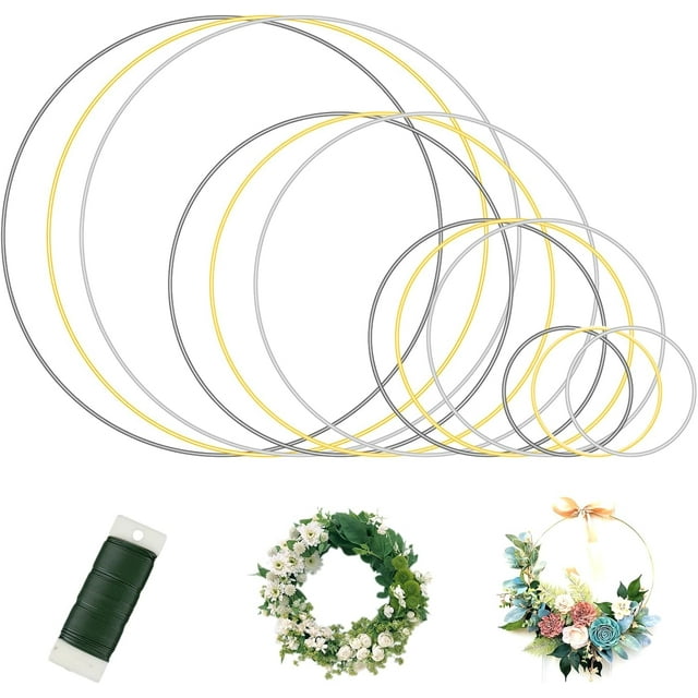 Metal Rings for Crafts - 12-Piece Set, Gold, Silver & Black Dream Catcher Hoops with Galvanized Wire, 4 Sizes (50-200mm) for DIY Projects, Wedding Decorations, and More