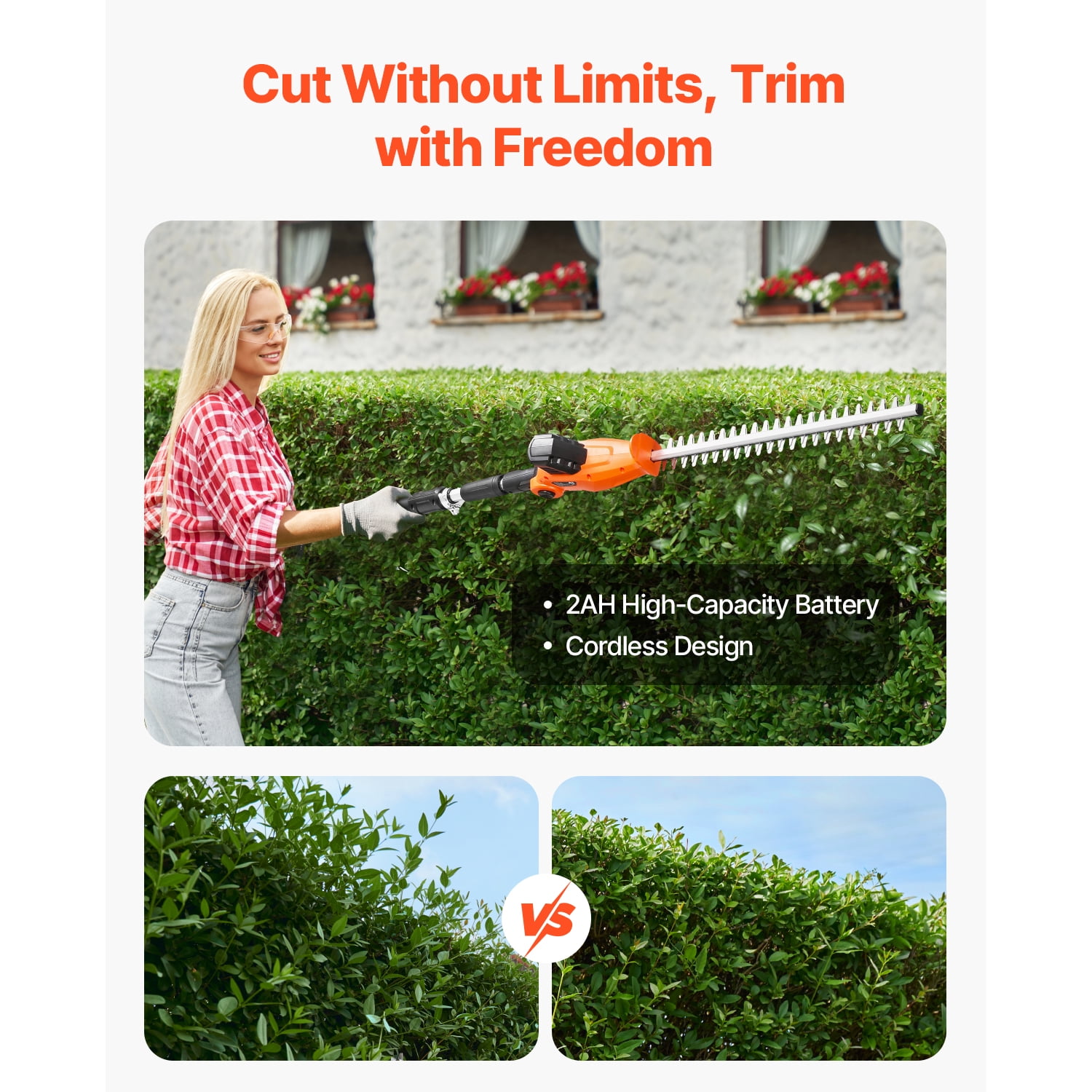 KFFKFF Cordless Hedge Trimmer, 1200 RPM, Extendable 6.2 - 7.8 Ft, Pole Trimmer for Elevated Branches, Comes with 20V Battery, 20 in Blade with 5 Adjustable Angles, for Yard and Garden Maintenance