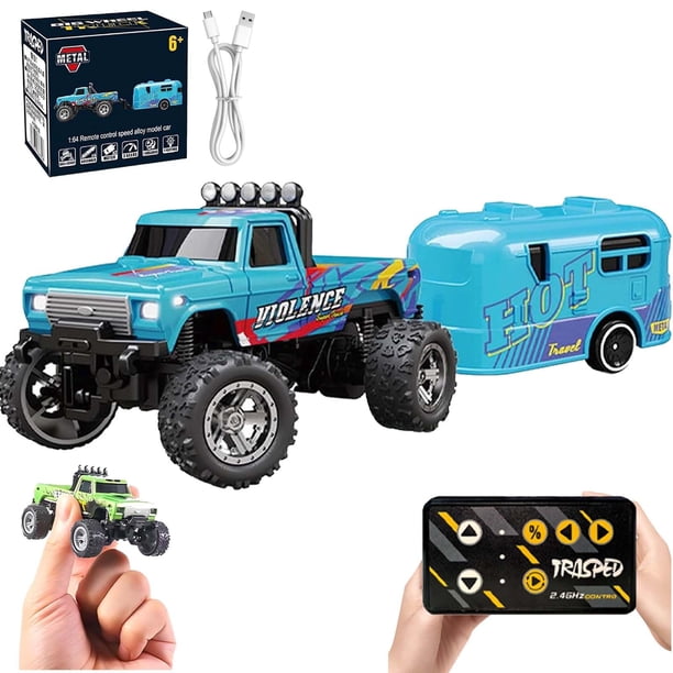 Mini Rc Monster Truck, Mini Monster Trucks, 1:64 Scale Monster Truck Remote Control Car with Lights, Mini Rc Truck with Trailer, Mini Drift Rc Car, 2.4ghz Remote Control (Blue-B)