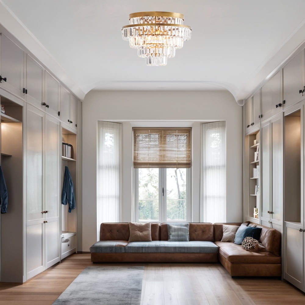 Mordern Round Antique Brass Crystal 17.75 Inch Flush Mount Light, Unique Elegant Semi Flush Mount, Hand-polished Ceiling Light, Close to Ceiling Light for Bedroom, Living Room, Dining Room