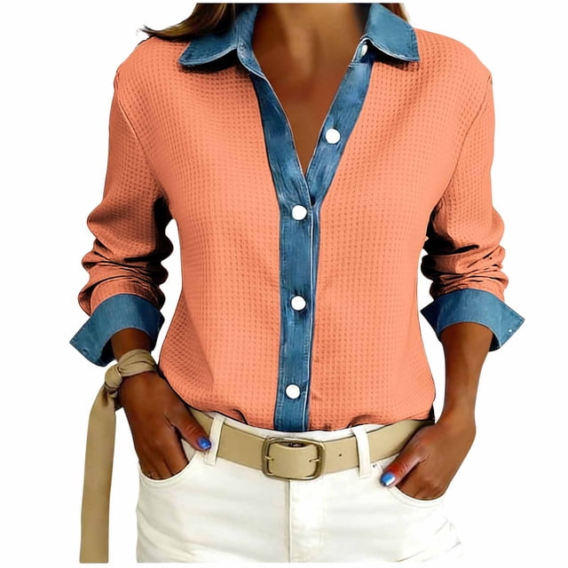 TaTaai Women's Loose Fit Blouse Long Sleeve Lapel Collar Waffle Knit Design Button Front Denim Style Casual Top Gift