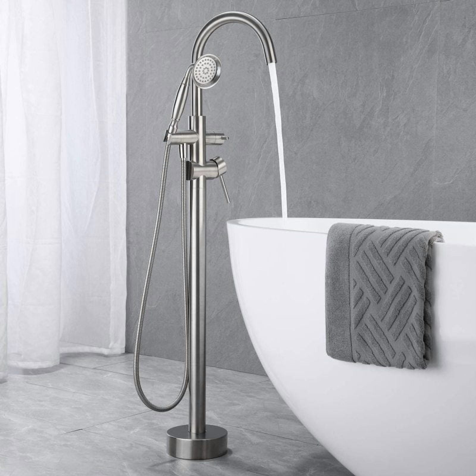 Freestanding Tub Filler Bathtub Faucet Brushed Nickel with Hand Held Shower Floor-Mount
