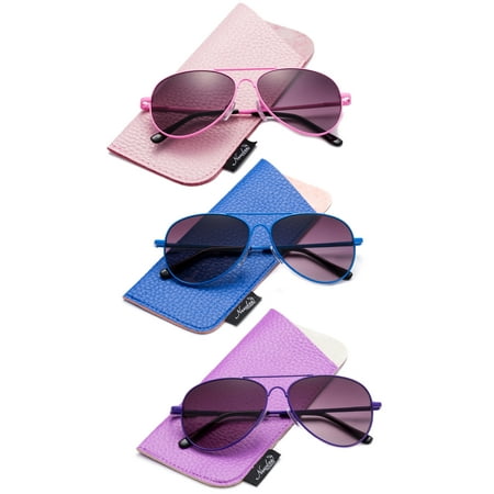 Newbee Fashion- Kids Girls Colored Aviator Sunglasses for Kids UV Protection Spring Hinge w/Pouch Fashion Aviators for Girls