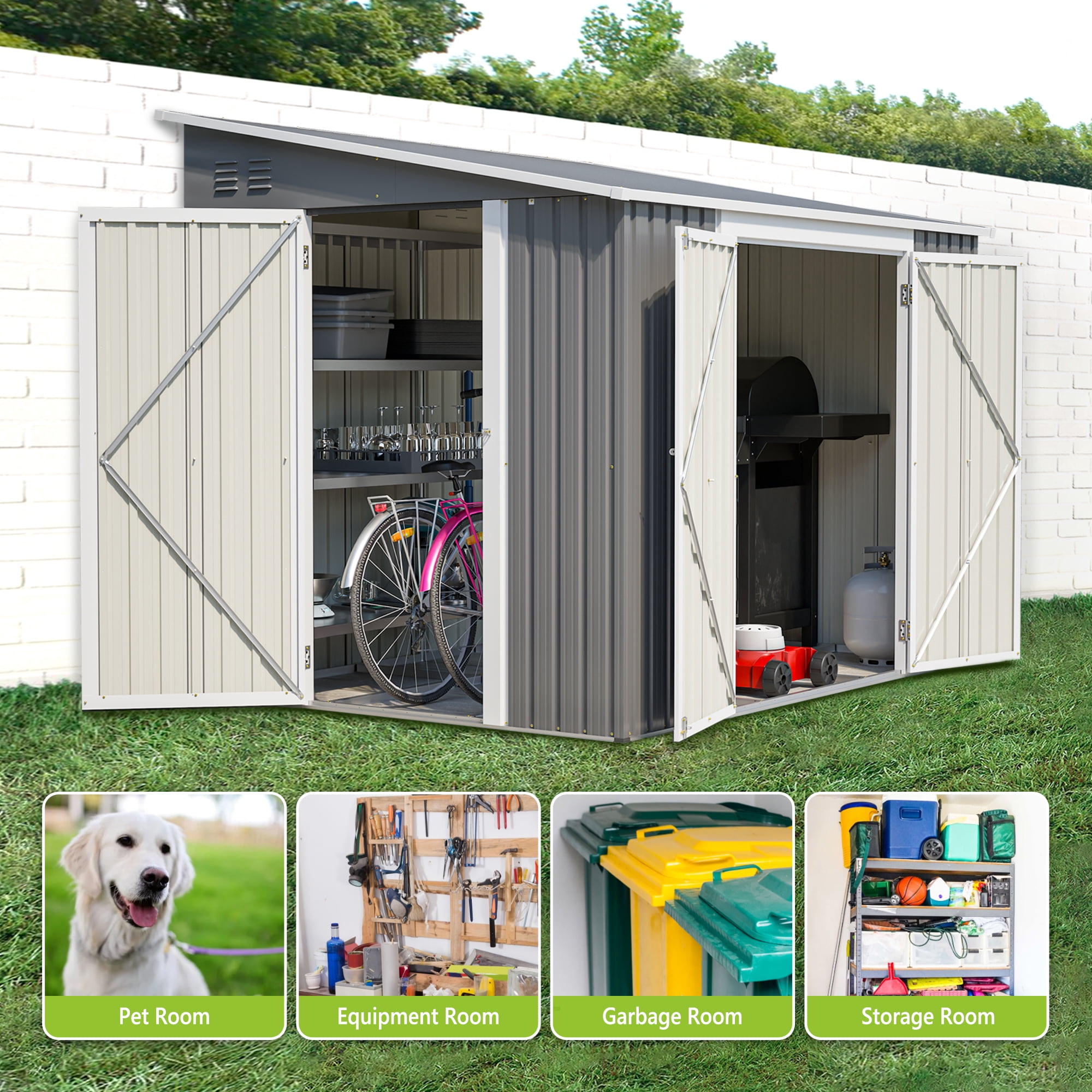 LZBEITEM 8x6 ft Outdoor Metal Storage Shed, Lean-to Design, Lockable Garden Tool Shed with Side Wall Entry Door, Gray, Galvanized Floor Frame