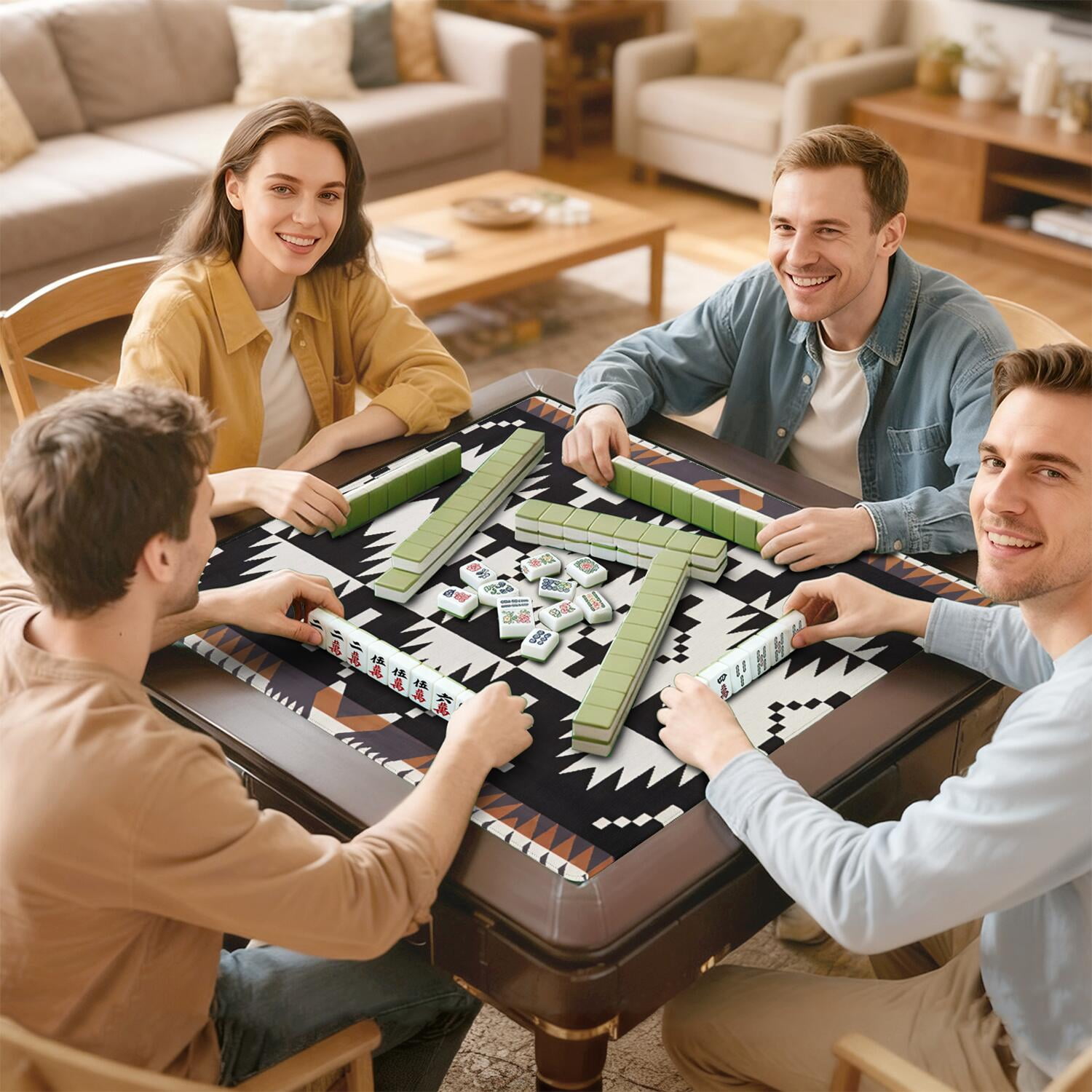 Stylish 31.5 Inch Square Boho Mahjong Mat, Anti-Slip Rubber Game Pad with Noise Dampening for Tiles, Multi-Purpose Mat for Card Games Board Games and Tabletop
