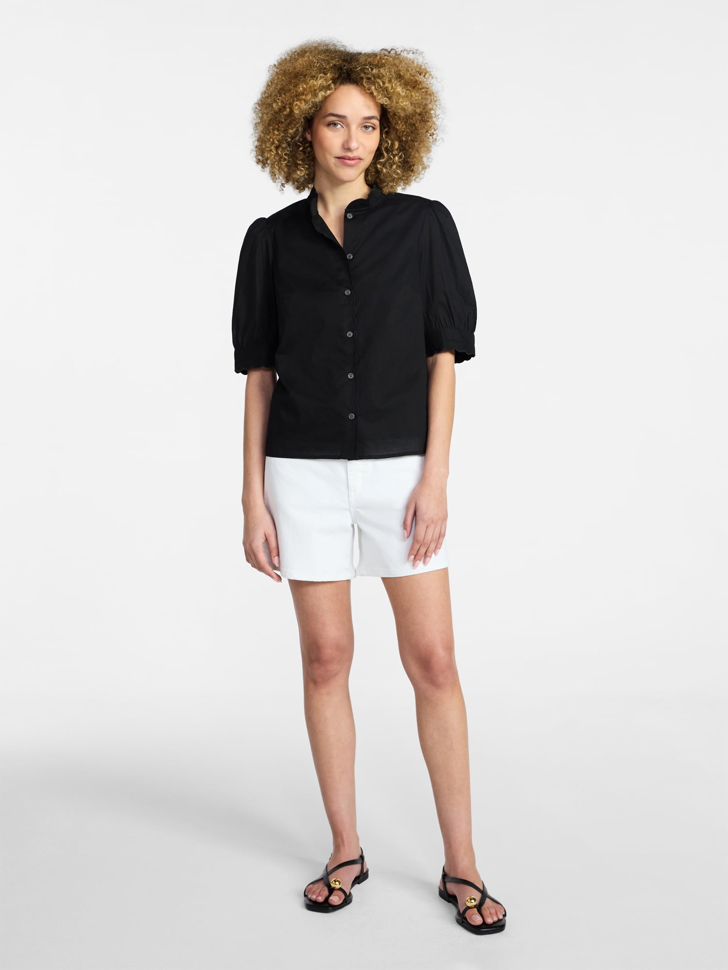 Time and Tru Women's Cotton Scalloped Edge Blouse with Short Sleeves, Sizes XS-XXXL