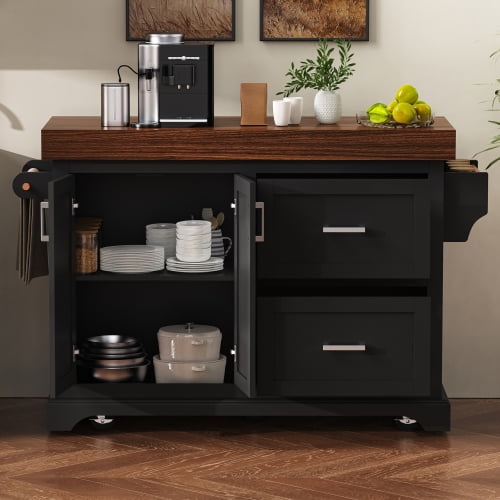 53 Inch Large Kitchen Island with 3.5 Inch Thick Desktop, Rolling Kitchen Cart with Storage, 2 Drawers, Adjustable Shelf, Spice and Towel Racks for Kitchen, Dining Room, Black