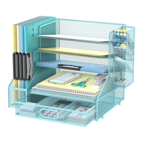 INTIGE Paper Organizer for Desk with 3 Pen Holders, 5-Tier Desk Organizer Tray with Handles, Metal File Organizer Storage