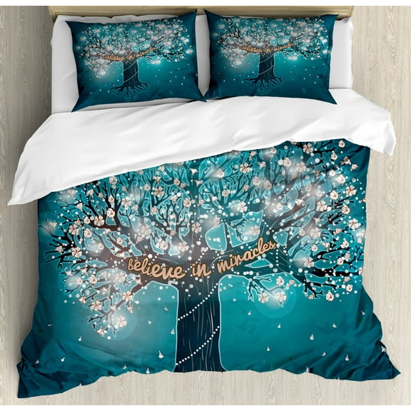 Firefly Duvet Cover Set King Size, Blooming Tree of Life with Believe in Miracles Message and Flowers Print, Decorative 3 Piece Bedding Set with 2 Pillow Shams, Petrol Blue Coconut, by Ambesonne