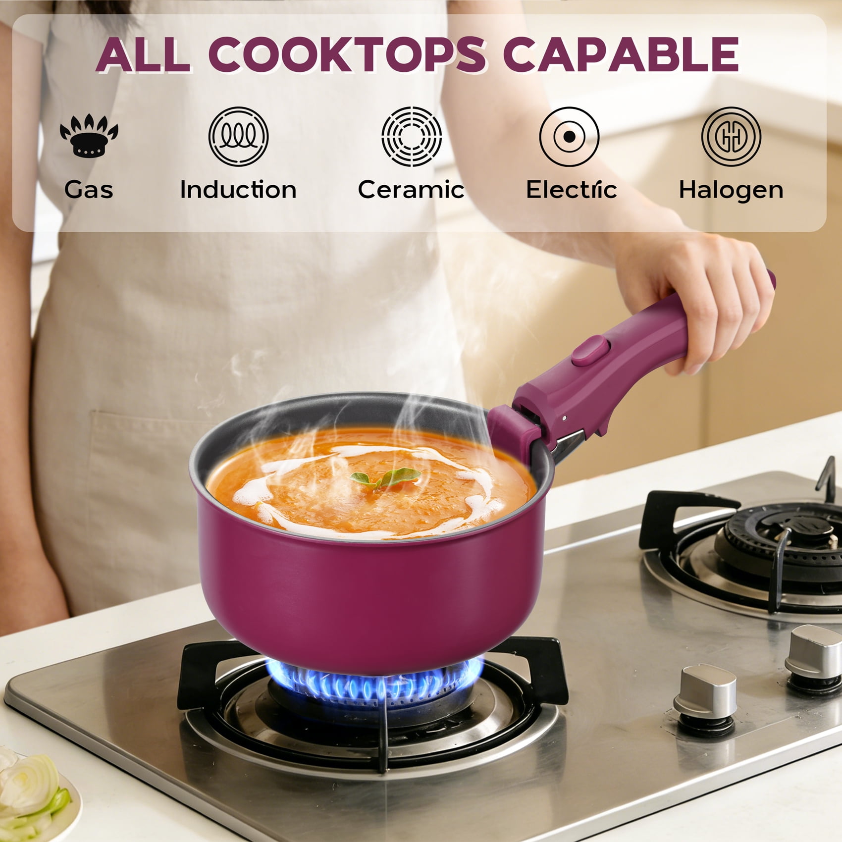 Walchoice 5Pcs Pots and Pans Set, Granite Nonstick Cookware Set with Detachable Handle, Stackable Kitchen Cooking Set with Saucepan Frying Pans, Induction Compatible & Oven Safe - Purple