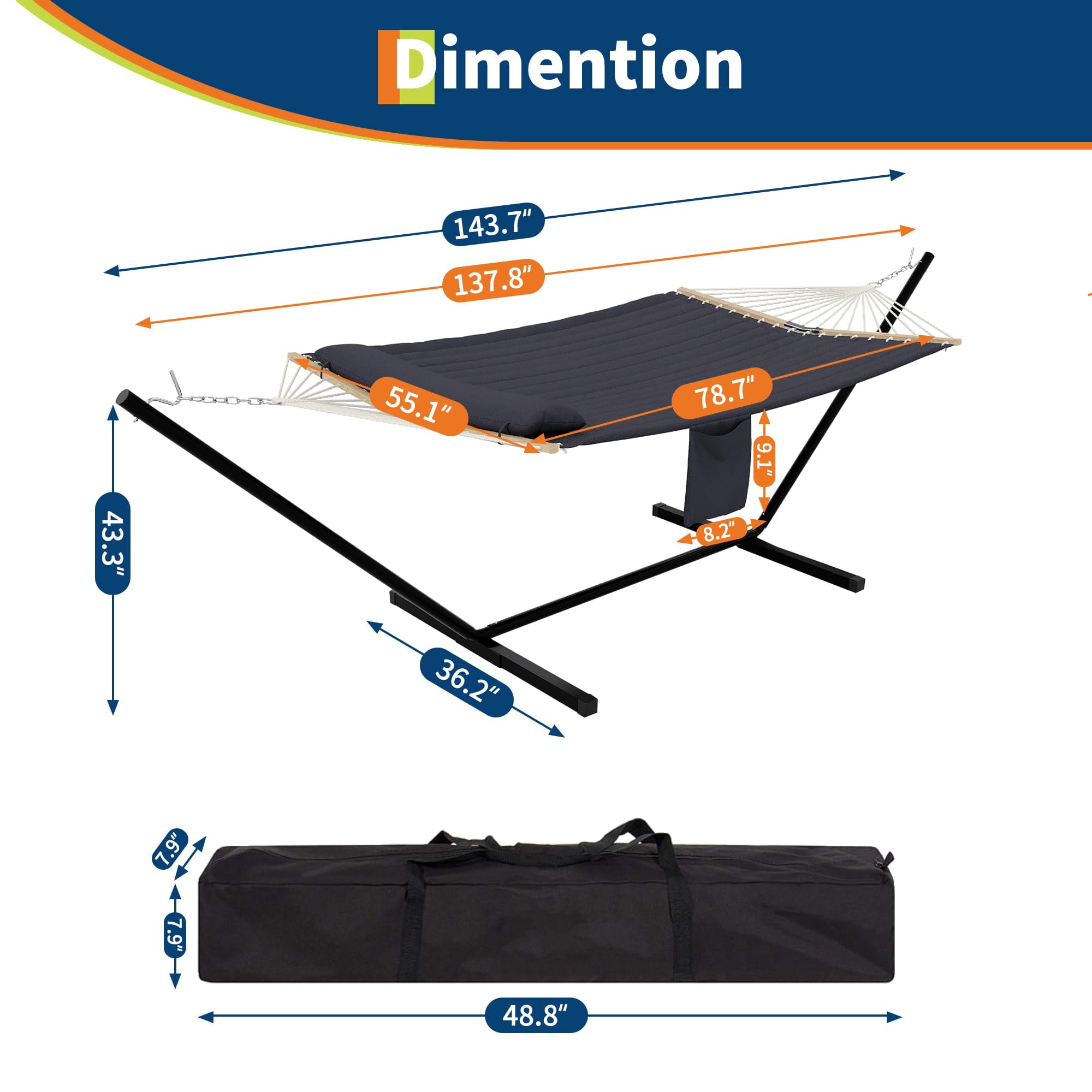 2-Person Double Hammock with Foldable Steel Stand, 450Lb/204kg Capacity Portable Hammock Set, v Spreader Bar & Carry Bag