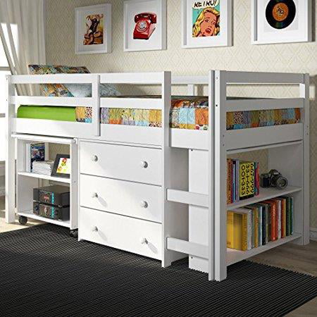 Donco Kids Low Loft With Desk Chest Bookcase Color White Size