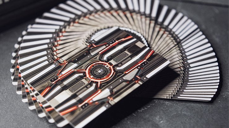 Bicycle Evolution 2.0 Playing Cards, Poker Size Custom Index, Cyber Metallic Red/White/Grey Back Design, Includes Gaff & Jokers, Premium USPCC Deck for Cardists, Magicians & Collectors