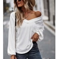 thumbnail image 4 of Camisa de manga larga para mujer, cuello en V, Color puro, corte holgado, Top para mujer con bolsillo en el pecho para el trabajo diario y vacaciones, 4 of 8