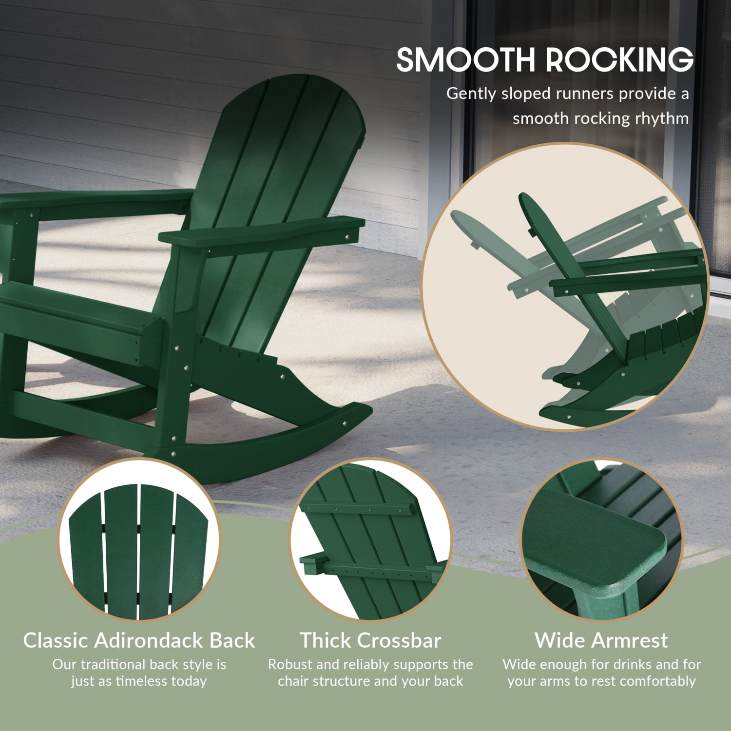 WestinTrends Malibu Outdoor Patio Porch Rocking Adirondack Chair, Dark Green