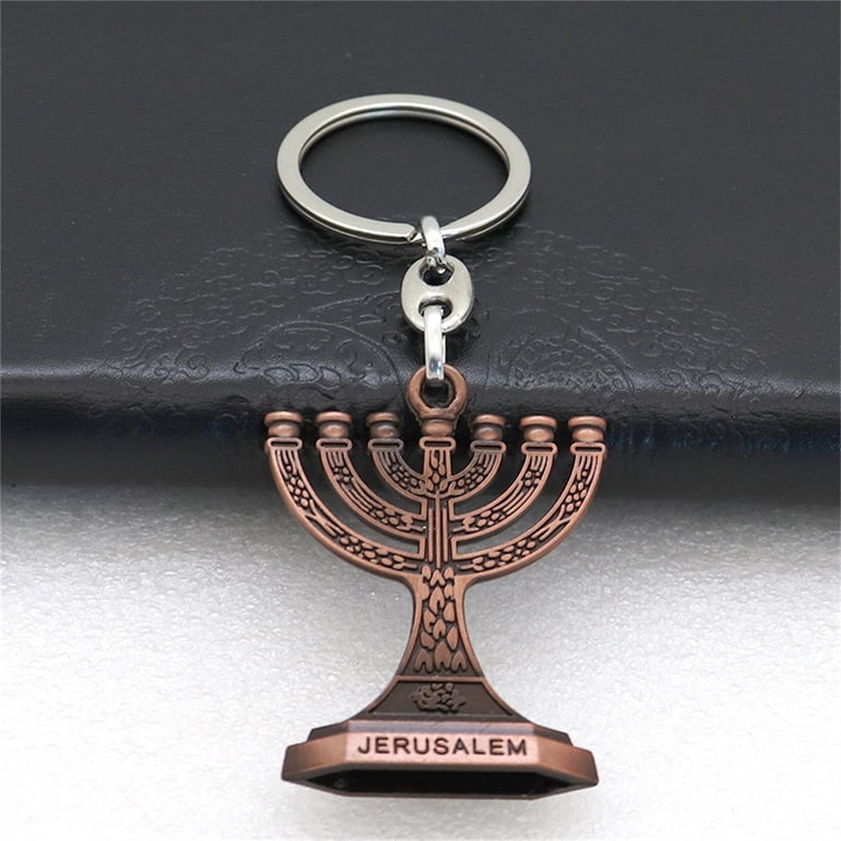 12 Tribes Of Israel 7-Branch Menorah Keychain - Gold Jerusalem Temple Candle Holder Pendant For Bag Or Keys