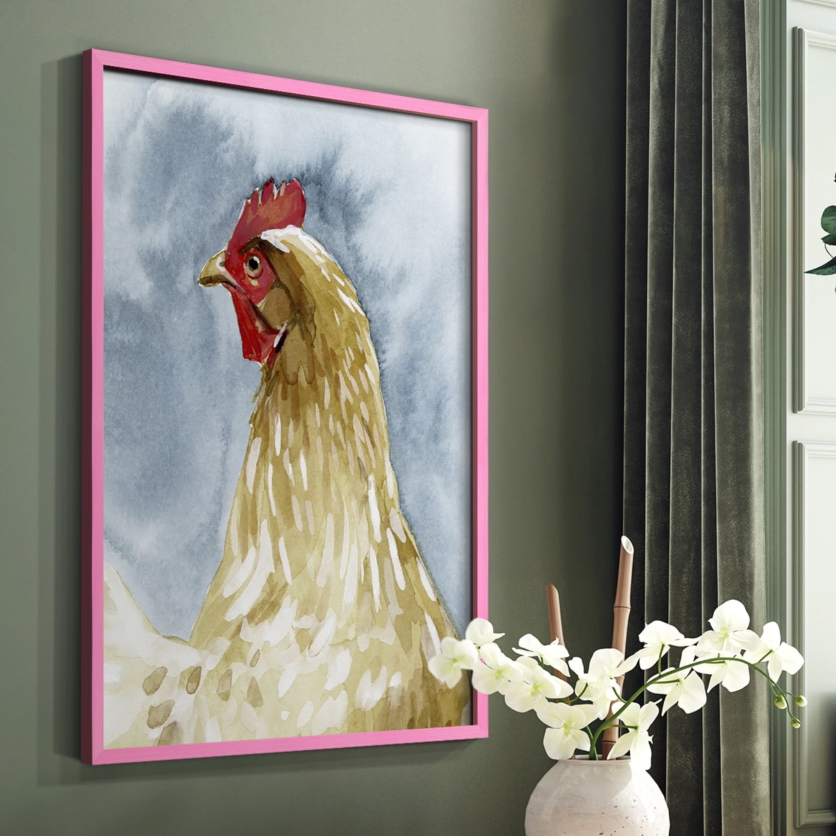 Chicken Portrait I Framed Print in Pink Solid Wood Framed Print No Nail Hanging