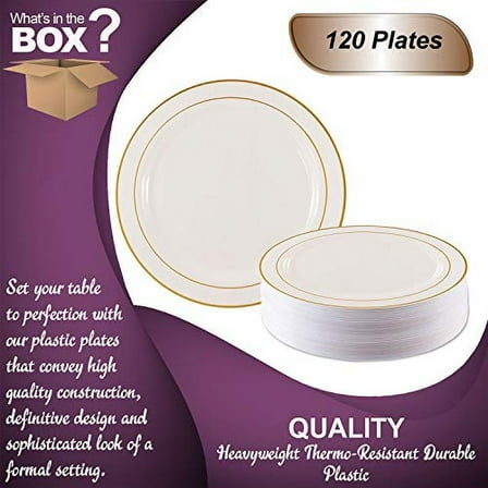 Elegant Disposable Plastic Dessert Plates 120 Pcs - 7.5" Heavy Duty Fancy White with Gold Rim Salad Plates - Appetizer Cake Plates Party Supplies For Wedding, Birthday Parties & Al