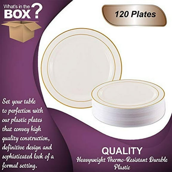Elegant Disposable Plastic Dessert Plates 120 Pcs - 7.5" Heavy Duty Fancy White with Gold Rim Salad Plates - Appetizer Cake Plates Party Supplies For Wedding, Birthday Parties & Al