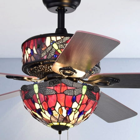 Warehouse of Tiffany Jalev 6-Light Dragonfly Tiffany 5-Blade 52-Inch Matte Black Ceiling Fan