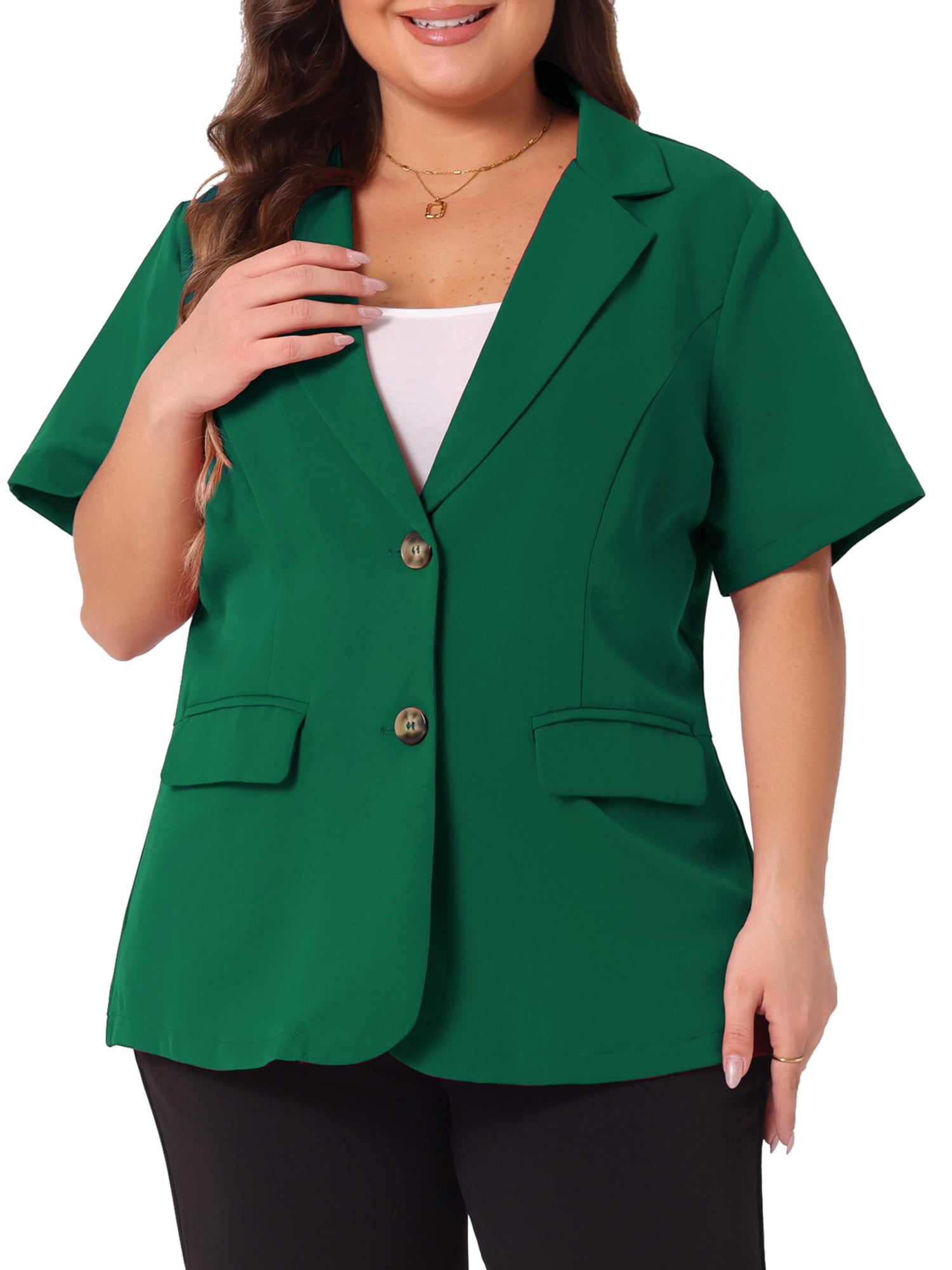 DARING DIVA Women's Plus Casual Blazers Short Sleeve Notched Lapel Blazer 1X Dark Green