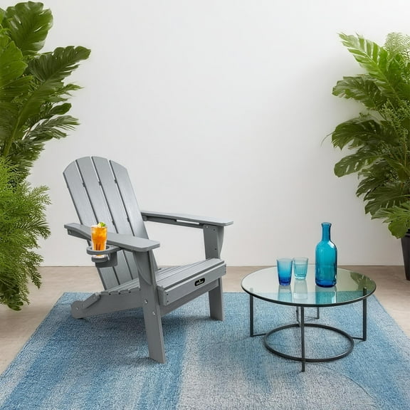 Withniture Folding Adirondack Chair Wood Texture, HDPE Adirondack Chairs with Cup Holder, Weather Resistant Patio Chair for Outdoor, Patio, Lawn, Garden, Fire Pit Chairs (Grey)