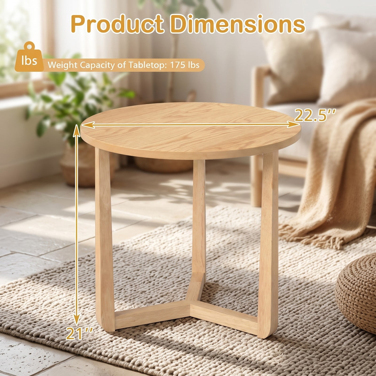 Furnibear 22.5 Inch Round Side Table, Farmhouse End Table with Sturdy Rubber Wood Legs and Triangular Base, Wooden Accent Nightstand Sofa Table for Living, Natural