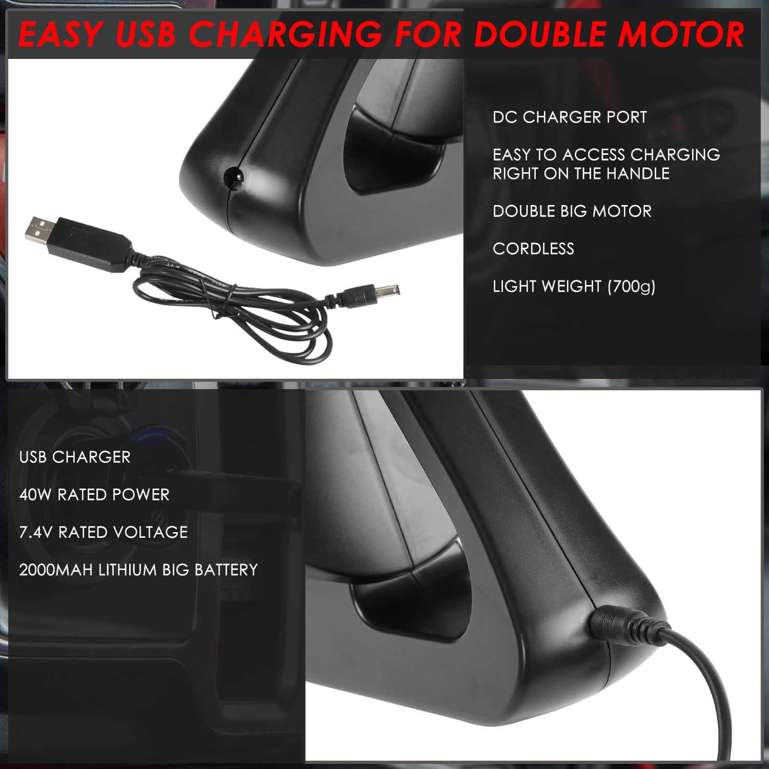 7.4V 40W 4500Pa Cordless Handheld Car Mini Vacuum Cleaner Strong Suction Portable Duster - Black