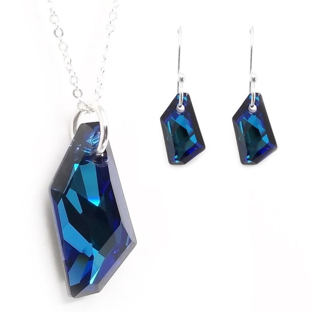 Juego de aretes y cadena con dije corte DeArt, plata mexicana ley .925, Azul Bermuda