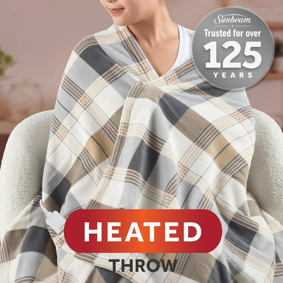 Sunbeam Electric Heated Throw Blanket Neutral Plaid Microplush 4 Heat Settings 50x70