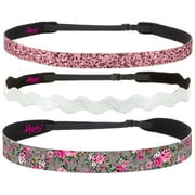 Hipsy Adjustable No Slip Mixed Floral & Glitter Headbands for Girls 3-Pack (Dark Grey Floral/Silver/Pink Rose)